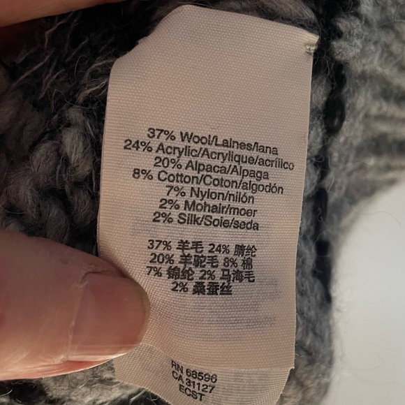 DKNY Pure, wool-alpaca blend knit gray black striped poncho, OS - Picture 5 of 5